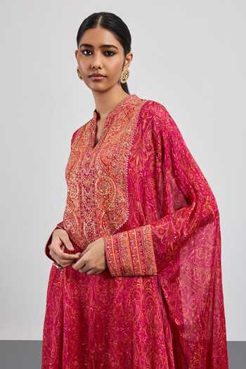 Buy_RI.Ritu Kumar_Fuchsia Viscose, Chinon, Jersey, Lycra, Rayon Mandarin Printed Kaftan With Pant 