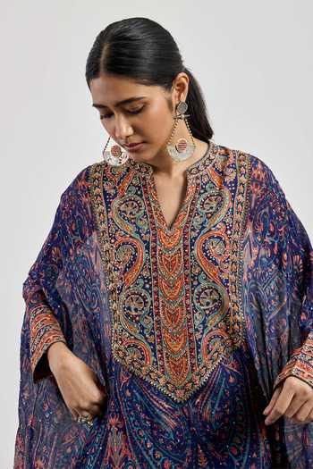 RI.Ritu Kumar Blue Viscose, Chinon, Lycra, Jersey, Rayon, Crepe Printed Kaftan And Pant Set Online at Aza Fashions RI.Ritu Kumar_Blue Viscose, Chinon, Lycra, Jersey, Rayon, Crepe Printed Kaftan And Pant Set _Online_at_Aza_Fashions