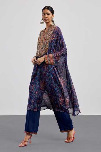 Shop RI.Ritu Kumar Blue Viscose, Chinon, Lycra, Jersey, Rayon, Crepe Printed Kaftan And Pant Set Online at Aza Fashions Shop_RI.Ritu Kumar_Blue Viscose, Chinon, Lycra, Jersey, Rayon, Crepe Printed Kaftan And Pant Set _Online_at_Aza_Fashions
