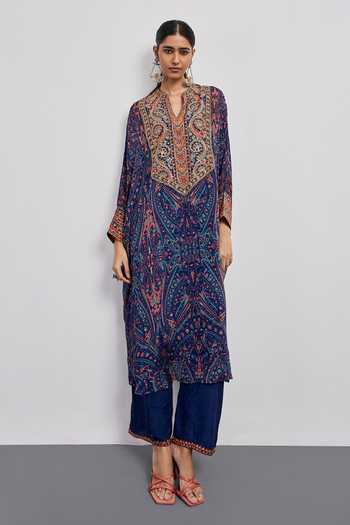 RI.Ritu Kumar Blue Viscose, Chinon, Lycra, Jersey, Rayon, Crepe Printed Kaftan And Pant Set at Aza Fashions RI.Ritu Kumar_Blue Viscose, Chinon, Lycra, Jersey, Rayon, Crepe Printed Kaftan And Pant Set _at_Aza_Fashions