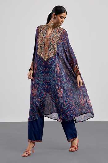 Buy RI.Ritu Kumar Blue Viscose, Chinon, Lycra, Jersey, Rayon, Crepe Printed Kaftan And Pant Set Buy_RI.Ritu Kumar_Blue Viscose, Chinon, Lycra, Jersey, Rayon, Crepe Printed Kaftan And Pant Set