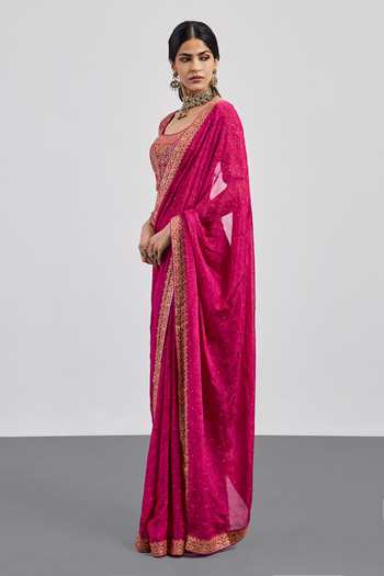 RI.Ritu Kumar Fuchsia Viscose, Chinon, Rayon, Pastel Jamawar Saree With Unstitched Blouse Online at Aza Fashions RI.Ritu Kumar_Fuchsia Viscose, Chinon, Rayon, Pastel Jamawar Saree With Unstitched Blouse _Online_at_Aza_Fashions