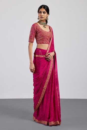 Buy RI.Ritu Kumar Fuchsia Viscose, Chinon, Rayon, Pastel Jamawar Saree With Unstitched Blouse Online at Aza Fashions Buy_RI.Ritu Kumar_Fuchsia Viscose, Chinon, Rayon, Pastel Jamawar Saree With Unstitched Blouse _Online_at_Aza_Fashions
