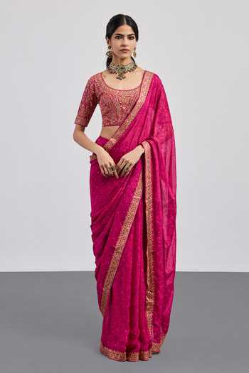 RI.Ritu Kumar Fuchsia Pastel Jamawar Saree With Unstitched Blouse 