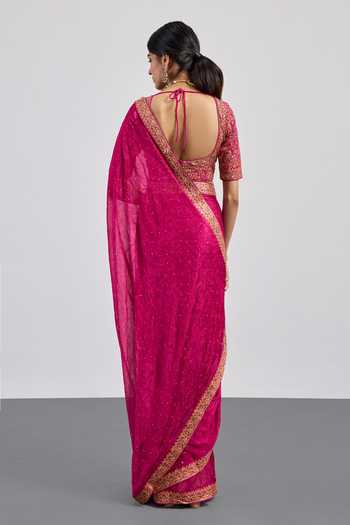 RI.Ritu Kumar Fuchsia Pastel Jamawar Saree With Unstitched Blouse 