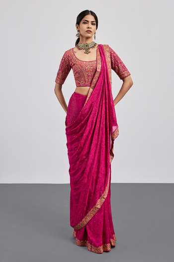 Shop RI.Ritu Kumar Fuchsia Viscose, Chinon, Rayon, Pastel Jamawar Saree With Unstitched Blouse Online at Aza Fashions Shop_RI.Ritu Kumar_Fuchsia Viscose, Chinon, Rayon, Pastel Jamawar Saree With Unstitched Blouse _Online_at_Aza_Fashions