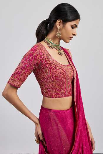 RI.Ritu Kumar Fuchsia Viscose, Chinon, Rayon, Pastel Jamawar Saree With Unstitched Blouse at Aza Fashions RI.Ritu Kumar_Fuchsia Viscose, Chinon, Rayon, Pastel Jamawar Saree With Unstitched Blouse _at_Aza_Fashions