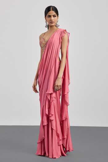 RI.Ritu Kumar Rose Pink Antonella Draped Saree With Blouse 