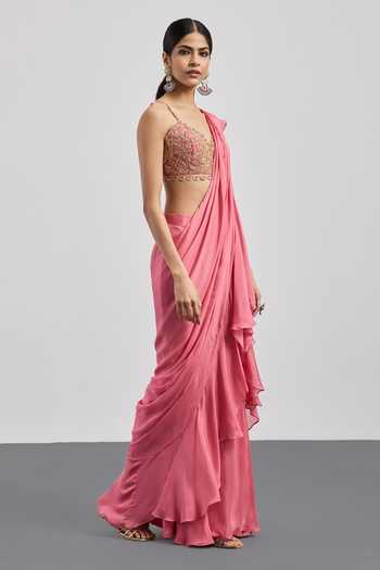 RI.Ritu Kumar Pink Viscose, Chinon, Silk, Dupion Rose Antonella Draped Saree With Blouse Online at Aza Fashions RI.Ritu Kumar_Pink Viscose, Chinon, Silk, Dupion Rose Antonella Draped Saree With Blouse _Online_at_Aza_Fashions