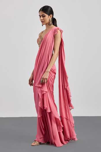 Shop RI.Ritu Kumar Pink Viscose, Chinon, Silk, Dupion Rose Antonella Draped Saree With Blouse Online at Aza Fashions Shop_RI.Ritu Kumar_Pink Viscose, Chinon, Silk, Dupion Rose Antonella Draped Saree With Blouse _Online_at_Aza_Fashions