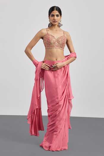 RI.Ritu Kumar Pink Viscose, Chinon, Silk, Dupion Rose Antonella Draped Saree With Blouse at Aza Fashions RI.Ritu Kumar_Pink Viscose, Chinon, Silk, Dupion Rose Antonella Draped Saree With Blouse _at_Aza_Fashions