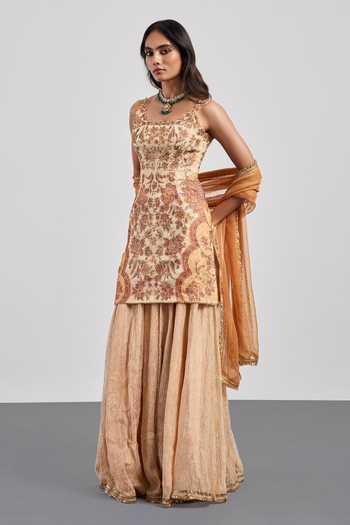 RI.Ritu Kumar Beige Silk Organza, Silk, Tissue, Viscose, Chinon Embroidered Kurta Skirt Set Online at Aza Fashions RI.Ritu Kumar_Beige Silk Organza, Silk, Tissue, Viscose, Chinon Embroidered Kurta Skirt Set _Online_at_Aza_Fashions