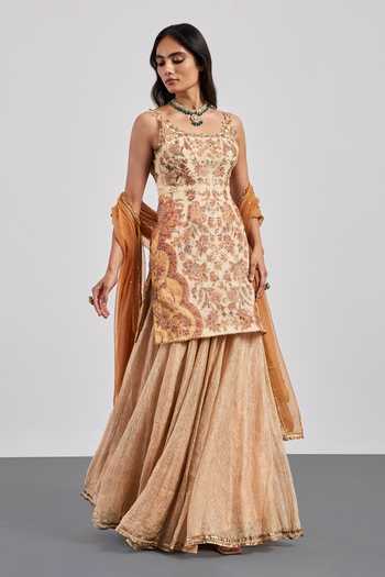 Buy RI.Ritu Kumar Beige Silk Organza, Silk, Tissue, Viscose, Chinon Embroidered Kurta Skirt Set Online at Aza Fashions Buy_RI.Ritu Kumar_Beige Silk Organza, Silk, Tissue, Viscose, Chinon Embroidered Kurta Skirt Set _Online_at_Aza_Fashions