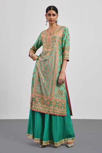 RI.Ritu Kumar Green Dupion, Silk, Crepe, Rayon, Viscose, Paisley Print Kurta Palazzo Set Online at Aza Fashions RI.Ritu Kumar_Green Dupion, Silk, Crepe, Rayon, Viscose, Paisley Print Kurta Palazzo Set _Online_at_Aza_Fashions