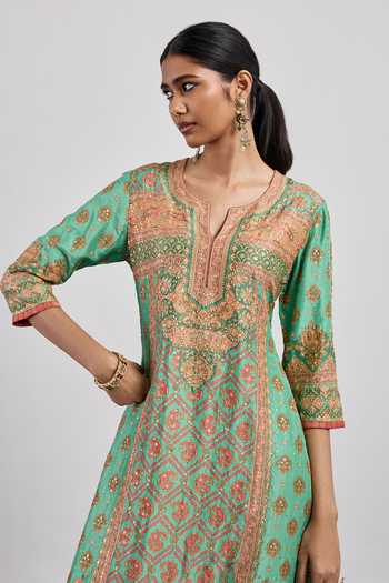 Shop RI.Ritu Kumar Green Dupion, Silk, Crepe, Rayon, Viscose, Paisley Print Kurta Palazzo Set Online at Aza Fashions Shop_RI.Ritu Kumar_Green Dupion, Silk, Crepe, Rayon, Viscose, Paisley Print Kurta Palazzo Set _Online_at_Aza_Fashions