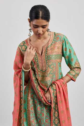 RI.Ritu Kumar Green Dupion, Silk, Crepe, Rayon, Viscose, Paisley Print Kurta Palazzo Set at Aza Fashions RI.Ritu Kumar_Green Dupion, Silk, Crepe, Rayon, Viscose, Paisley Print Kurta Palazzo Set _at_Aza_Fashions