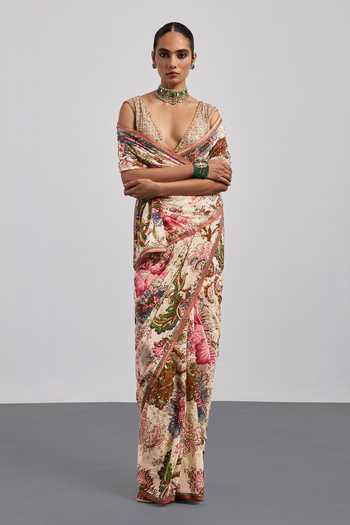 RI.Ritu Kumar Beige Viscose, Chinon, Crepe, Rayon V-neck Printed Saree With Blouse Online at Aza Fashions RI.Ritu Kumar_Beige Viscose, Chinon, Crepe, Rayon V-neck Printed Saree With Blouse _Online_at_Aza_Fashions