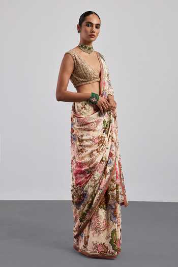 Buy RI.Ritu Kumar Beige Viscose, Chinon, Crepe, Rayon V-neck Printed Saree With Blouse Online at Aza Fashions Buy_RI.Ritu Kumar_Beige Viscose, Chinon, Crepe, Rayon V-neck Printed Saree With Blouse _Online_at_Aza_Fashions