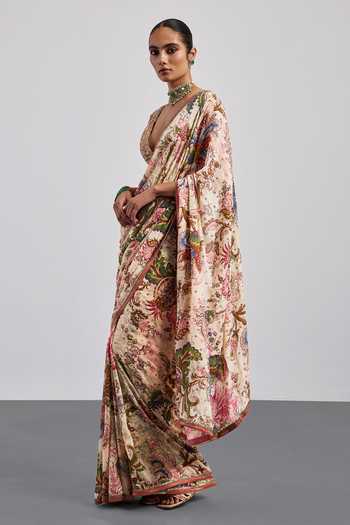 Shop RI.Ritu Kumar Beige Viscose, Chinon, Crepe, Rayon V-neck Printed Saree With Blouse Online at Aza Fashions Shop_RI.Ritu Kumar_Beige Viscose, Chinon, Crepe, Rayon V-neck Printed Saree With Blouse _Online_at_Aza_Fashions