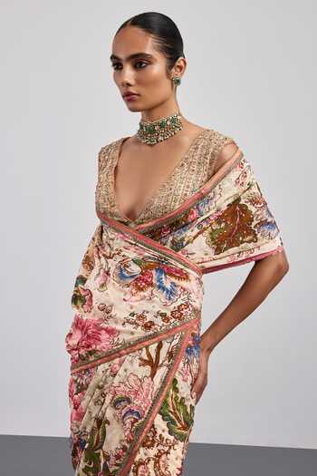 RI.Ritu Kumar Beige Viscose, Chinon, Crepe, Rayon V-neck Printed Saree With Blouse at Aza Fashions RI.Ritu Kumar_Beige Viscose, Chinon, Crepe, Rayon V-neck Printed Saree With Blouse _at_Aza_Fashions