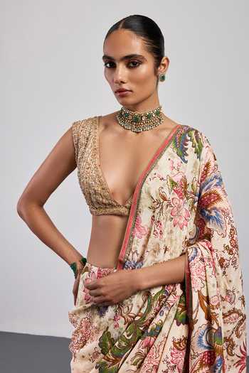 Buy RI.Ritu Kumar Beige Viscose, Chinon, Crepe, Rayon V-neck Printed Saree With Blouse Buy_RI.Ritu Kumar_Beige Viscose, Chinon, Crepe, Rayon V-neck Printed Saree With Blouse