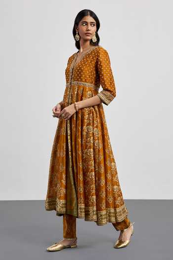 RI.Ritu Kumar Yellow Silk, Chanderi, Cotton, Satin, Viscose, Lycra, Floral Print Anarkali Set Online at Aza Fashions RI.Ritu Kumar_Yellow Silk, Chanderi, Cotton, Satin, Viscose, Lycra, Floral Print Anarkali Set _Online_at_Aza_Fashions