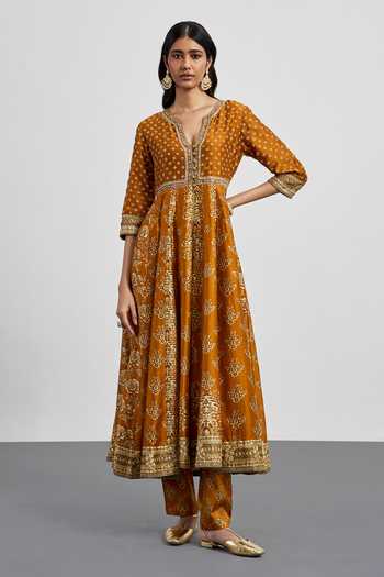 Shop RI.Ritu Kumar Yellow Silk, Chanderi, Cotton, Satin, Viscose, Lycra, Floral Print Anarkali Set Online at Aza Fashions Shop_RI.Ritu Kumar_Yellow Silk, Chanderi, Cotton, Satin, Viscose, Lycra, Floral Print Anarkali Set _Online_at_Aza_Fashions