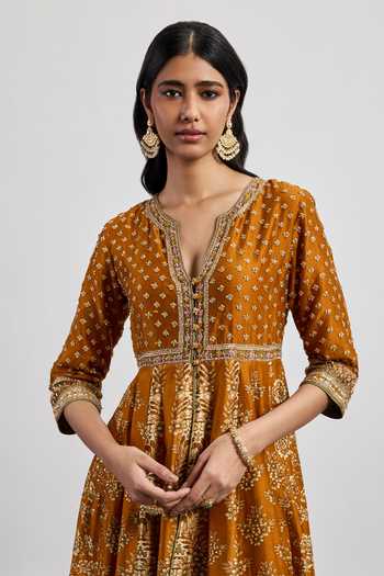 RI.Ritu Kumar Yellow Silk, Chanderi, Cotton, Satin, Viscose, Lycra, Floral Print Anarkali Set at Aza Fashions RI.Ritu Kumar_Yellow Silk, Chanderi, Cotton, Satin, Viscose, Lycra, Floral Print Anarkali Set _at_Aza_Fashions