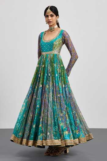 RI.Ritu Kumar Blue Silk, Chanderi, Cotton, Lycra, Net, Polyester Flower Print Anarkali Set Online at Aza Fashions RI.Ritu Kumar_Blue Silk, Chanderi, Cotton, Lycra, Net, Polyester Flower Print Anarkali Set _Online_at_Aza_Fashions
