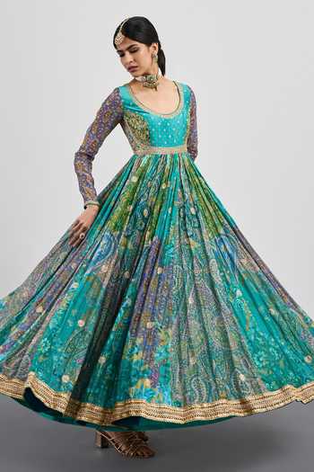 Shop RI.Ritu Kumar Blue Silk, Chanderi, Cotton, Lycra, Net, Polyester Flower Print Anarkali Set Online at Aza Fashions Shop_RI.Ritu Kumar_Blue Silk, Chanderi, Cotton, Lycra, Net, Polyester Flower Print Anarkali Set _Online_at_Aza_Fashions