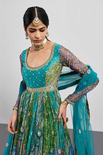 RI.Ritu Kumar Blue Silk, Chanderi, Cotton, Lycra, Net, Polyester Flower Print Anarkali Set at Aza Fashions RI.Ritu Kumar_Blue Silk, Chanderi, Cotton, Lycra, Net, Polyester Flower Print Anarkali Set _at_Aza_Fashions