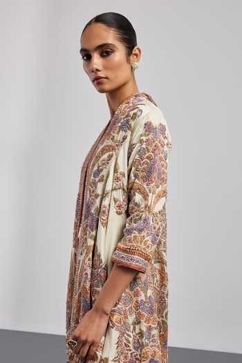 RI.Ritu Kumar Multi Color Silk Satin Shawl Neck Ecru Megha Jacket at Aza Fashions RI.Ritu Kumar_Multi Color Silk Satin Shawl Neck Ecru Megha Jacket _at_Aza_Fashions