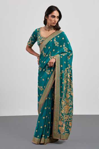 RI.Ritu Kumar Green Silk, Crepe Embroidered Saree With Unstitched Blouse Piece Online at Aza Fashions RI.Ritu Kumar_Green Silk, Crepe Embroidered Saree With Unstitched Blouse Piece _Online_at_Aza_Fashions