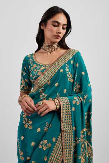 RI.Ritu Kumar Green Silk, Crepe Embroidered Saree With Unstitched Blouse Piece at Aza Fashions RI.Ritu Kumar_Green Silk, Crepe Embroidered Saree With Unstitched Blouse Piece _at_Aza_Fashions
