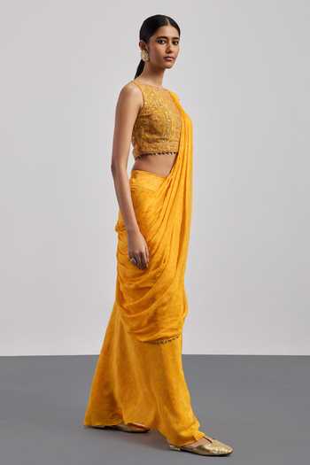 RI.Ritu Kumar Yellow Crepe, Viscose, Rayon Boat Neck Bougainvilla Pre-draped Saree With Blouse Online at Aza Fashions RI.Ritu Kumar_Yellow Crepe, Viscose, Rayon Boat Neck Bougainvilla Pre-draped Saree With Blouse _Online_at_Aza_Fashions