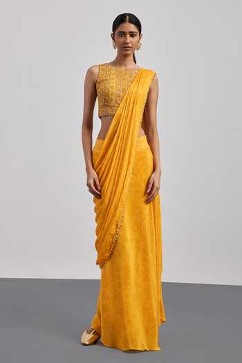 Buy RI.Ritu Kumar Yellow Crepe, Viscose, Rayon Boat Neck Bougainvilla Pre-draped Saree With Blouse Online at Aza Fashions Buy_RI.Ritu Kumar_Yellow Crepe, Viscose, Rayon Boat Neck Bougainvilla Pre-draped Saree With Blouse _Online_at_Aza_Fashions