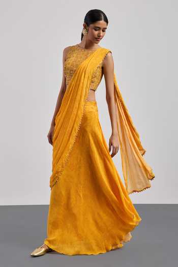 Shop RI.Ritu Kumar Yellow Crepe, Viscose, Rayon Boat Neck Bougainvilla Pre-draped Saree With Blouse Online at Aza Fashions Shop_RI.Ritu Kumar_Yellow Crepe, Viscose, Rayon Boat Neck Bougainvilla Pre-draped Saree With Blouse _Online_at_Aza_Fashions