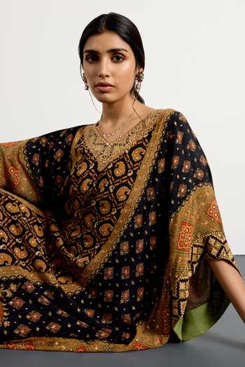 Shop RI.Ritu Kumar Black Silk, Crepe V-neck Printed Kaftan Online at Aza Fashions Shop_RI.Ritu Kumar_Black Silk, Crepe V-neck Printed Kaftan _Online_at_Aza_Fashions