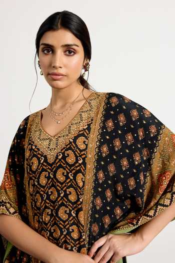 RI.Ritu Kumar Black Silk, Crepe V-neck Printed Kaftan at Aza Fashions RI.Ritu Kumar_Black Silk, Crepe V-neck Printed Kaftan _at_Aza_Fashions