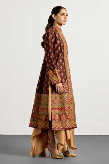 RI.Ritu Kumar Brown Dupion Mandarin Collar Multi Royal Vista Jacket Online at Aza Fashions RI.Ritu Kumar_Brown Dupion Mandarin Collar Multi Royal Vista Jacket _Online_at_Aza_Fashions
