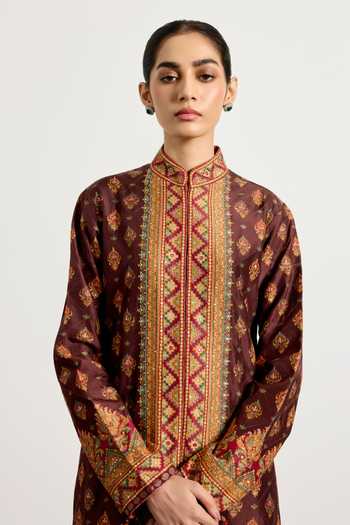 Shop RI.Ritu Kumar Brown Dupion Mandarin Collar Multi Royal Vista Jacket Online at Aza Fashions Shop_RI.Ritu Kumar_Brown Dupion Mandarin Collar Multi Royal Vista Jacket _Online_at_Aza_Fashions