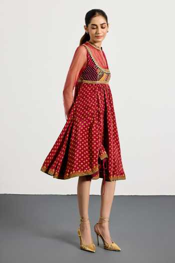 RI.Ritu Kumar Maroon Crepe, Viscose, Rayon V-neck Gulzar Garden Print Dress Online at Aza Fashions RI.Ritu Kumar_Maroon Crepe, Viscose, Rayon V-neck Gulzar Garden Print Dress _Online_at_Aza_Fashions