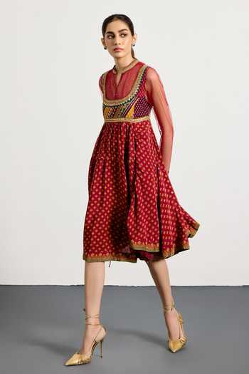 Shop RI.Ritu Kumar Maroon Crepe, Viscose, Rayon V-neck Gulzar Garden Print Dress Online at Aza Fashions Shop_RI.Ritu Kumar_Maroon Crepe, Viscose, Rayon V-neck Gulzar Garden Print Dress _Online_at_Aza_Fashions