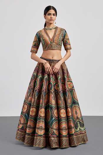 Shop RI.Ritu Kumar Black Polyester, Dupion, Net V-neck Geometric Print Lehenga Set Online at Aza Fashions Shop_RI.Ritu Kumar_Black Polyester, Dupion, Net V-neck Geometric Print Lehenga Set _Online_at_Aza_Fashions