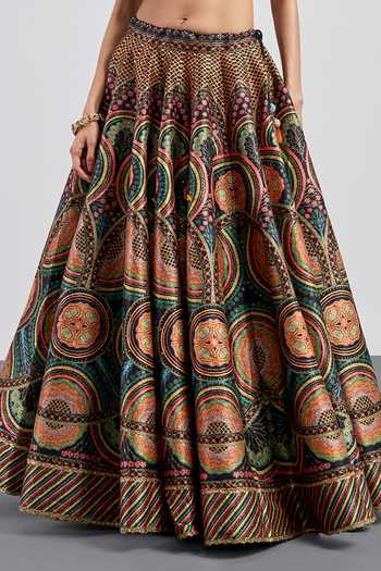 RI.Ritu Kumar Black Polyester, Dupion, Net V-neck Geometric Print Lehenga Set at Aza Fashions RI.Ritu Kumar_Black Polyester, Dupion, Net V-neck Geometric Print Lehenga Set _at_Aza_Fashions