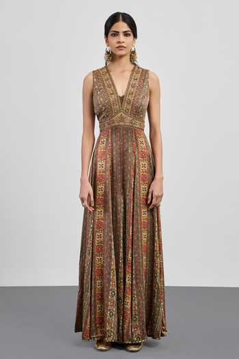 RI.Ritu Kumar Multi Color Viscose, Satin V-neck Printed Jumpsuit Online at Aza Fashions RI.Ritu Kumar_Multi Color Viscose, Satin V-neck Printed Jumpsuit _Online_at_Aza_Fashions