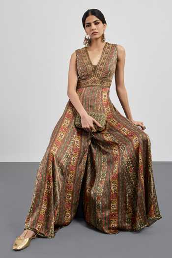 Shop RI.Ritu Kumar Multi Color Viscose, Satin V-neck Printed Jumpsuit Online at Aza Fashions Shop_RI.Ritu Kumar_Multi Color Viscose, Satin V-neck Printed Jumpsuit _Online_at_Aza_Fashions