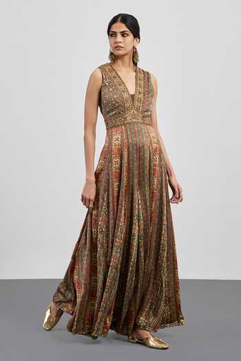 RI.Ritu Kumar Multi Color Viscose, Satin V-neck Printed Jumpsuit at Aza Fashions RI.Ritu Kumar_Multi Color Viscose, Satin V-neck Printed Jumpsuit _at_Aza_Fashions