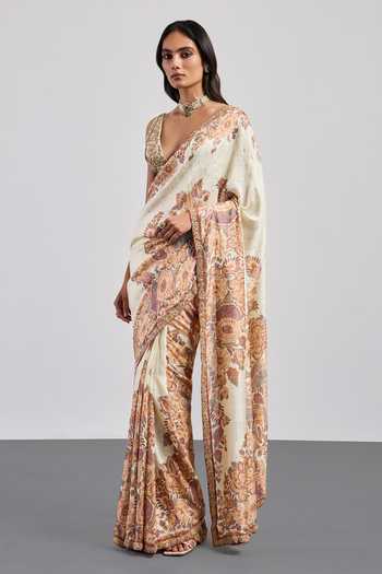 RI.Ritu Kumar Beige , Satin V-neck Floral Print Saree With Blouse Online at Aza Fashions RI.Ritu Kumar_Beige , Satin V-neck Floral Print Saree With Blouse _Online_at_Aza_Fashions