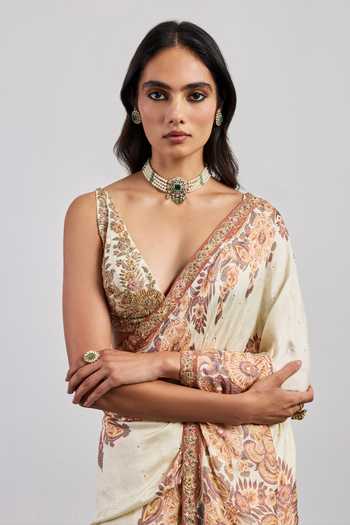 Buy RI.Ritu Kumar Beige , Satin V-neck Floral Print Saree With Blouse Online at Aza Fashions Buy_RI.Ritu Kumar_Beige , Satin V-neck Floral Print Saree With Blouse _Online_at_Aza_Fashions